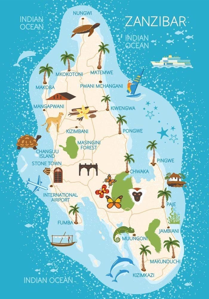 A map showing tourist areas of Zanzibar